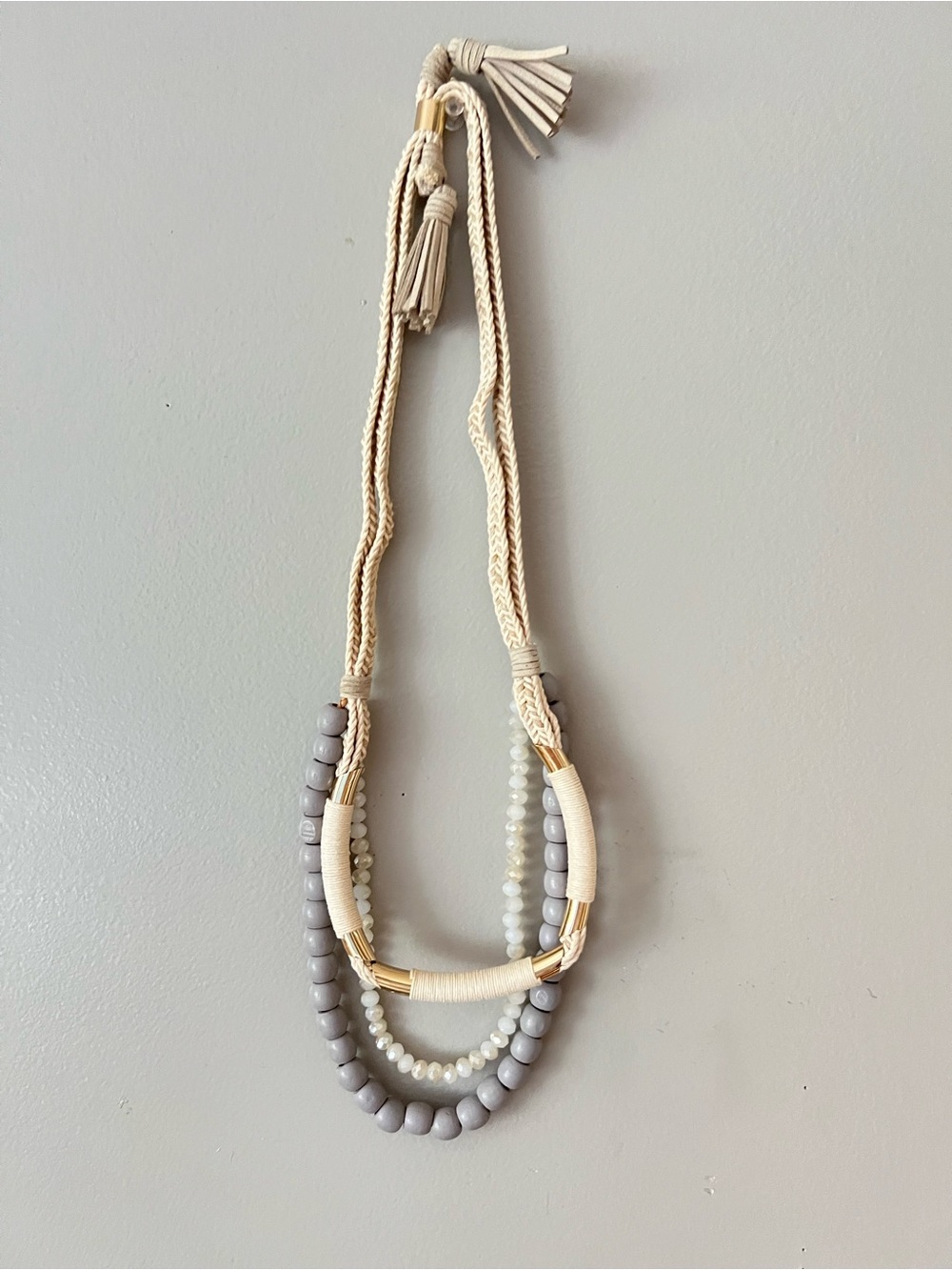 Boho Layered Beaded Statement Necklace Gray White Gold Tassel Rope Adjustable
